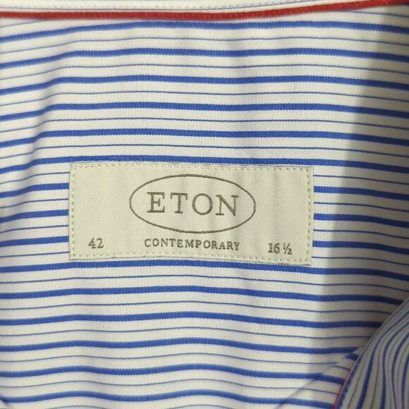 Eton Shirt Mens 16.5 42 Blue Striped Contemporary Cotton Long Sleeve French Cuff - Picture 4 of 10